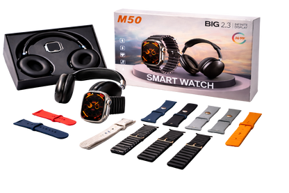 Pack Smart M50 – Montre Connectée + Casque Bluetooth + Bracelets Interchangeables